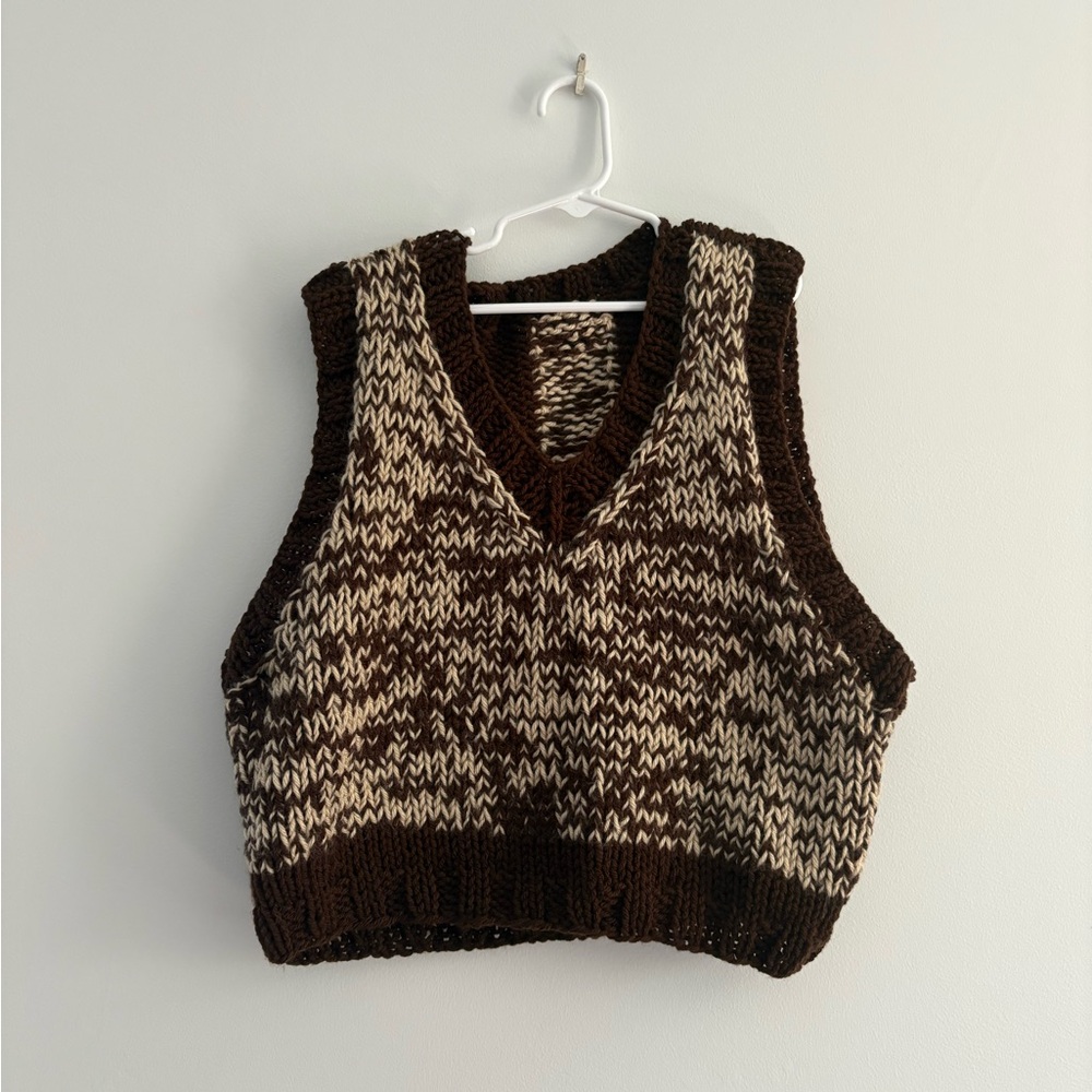 Brown and Cream Knit Sweater Vest